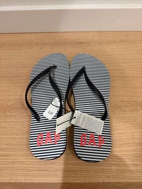 GAP Black & White Striped Flip Flops with Red Logo